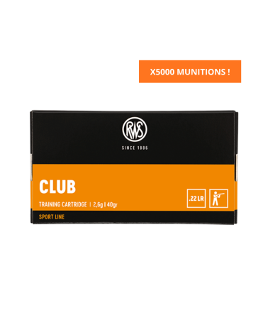 Carton de 5000 cartouches RWS Club calibre .22 LR avec projectile plomb rond de 2,6 g 40 grains
