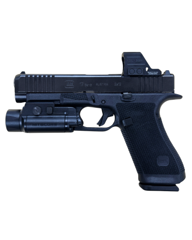 Pack Glock 17 Gen 6 OR FS calibre 9x19 comprenant un viseur point rouge Holosun 407C X3 et une lampe tactique