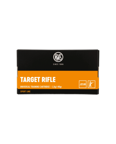 Boîte de 50 cartouches RWS Target Rifle calibre .22 Long Rifle avec ogive plomb LRN de 40 grains, conçues pour le tir sportif