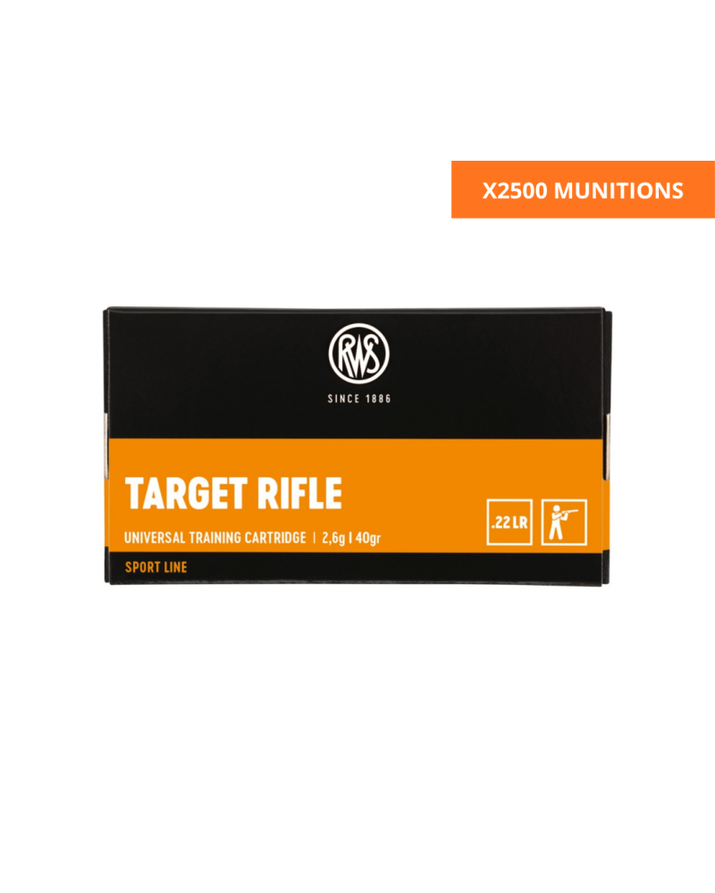 Carton de 2500 cartouches RWS Target Rifle calibre .22 Long Rifle avec projectile plomb LRN de 40 grains