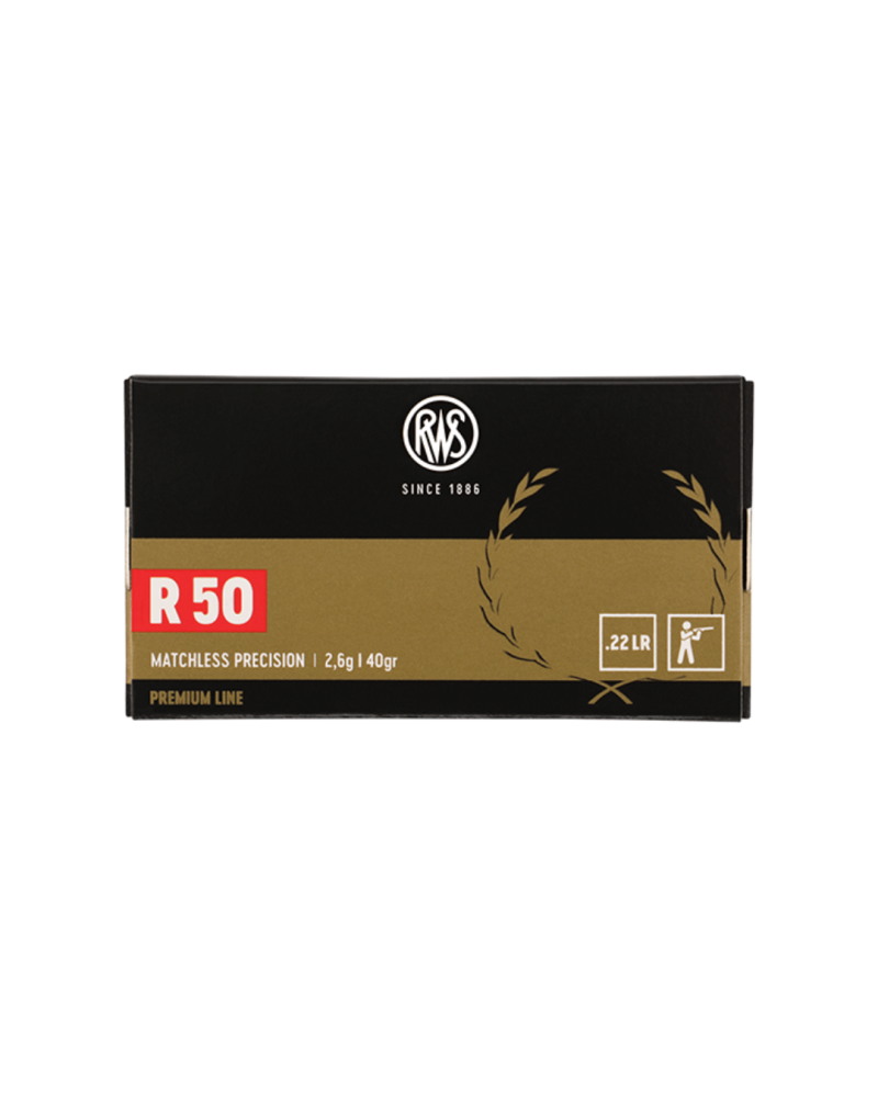Boîte de 50 cartouches RWS R50 calibre .22 Long Rifle avec projectile LRN de 40 grains, munition Match haute précision