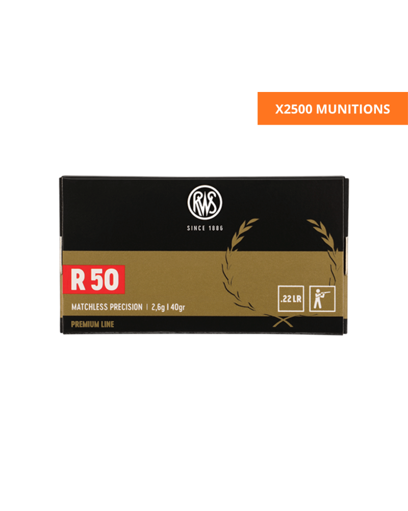 Carton de 2500 cartouches RWS R50 calibre .22 Long Rifle avec projectile LRN de 40 grains, munition Match