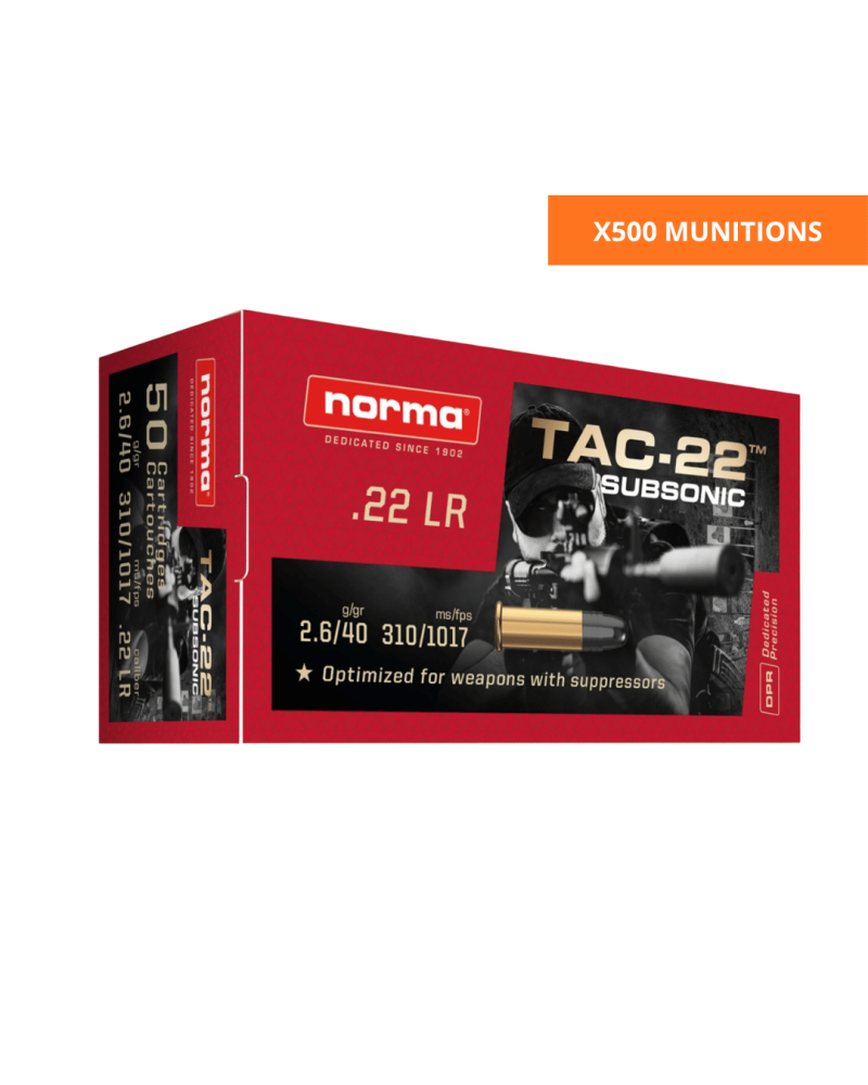 Boîte de 500 cartouches Norma TAC-22 Subsonic calibre .22 LR 40 grains avec ogive LHP de 2,6 g
