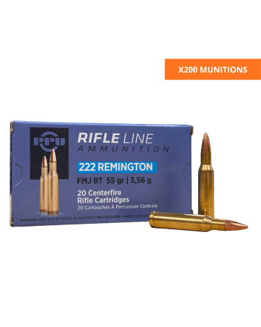 Boîte de 200 cartouches Partizan PPU calibre .222 Remington 55 grains FMJ BT avec projectile Full Metal Jacket