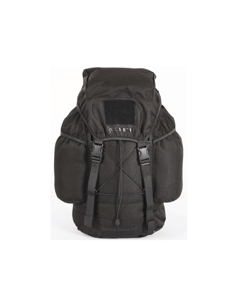 Sac à dos Snugpak Sleeka Force 35 litres noir en nylon 600D avec grand compartiment principal, poches latérales élastiques