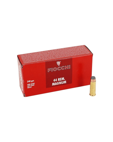 Boîte de 50 cartouches Fiocchi calibre .44 Magnum, ogive SJSP de 240 grains, conçues pour offrir puissance