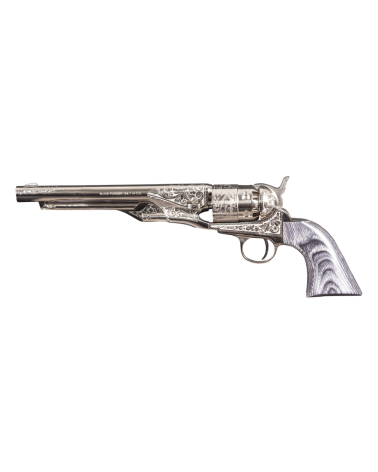 Réplique Pietta 1860 Army nickelée gravée calibre .44 PN avec finition polie blanc, crosse noyer et canon de 8 pouces