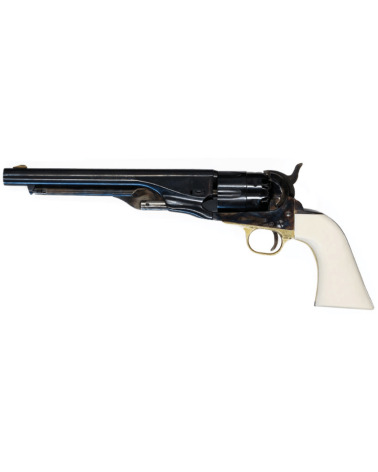 Réplique Pietta 1860 Army acier calibre .44 poudre noire avec crosse ivoirine cannelée, carcasse acier, canon rond de 8 pouces