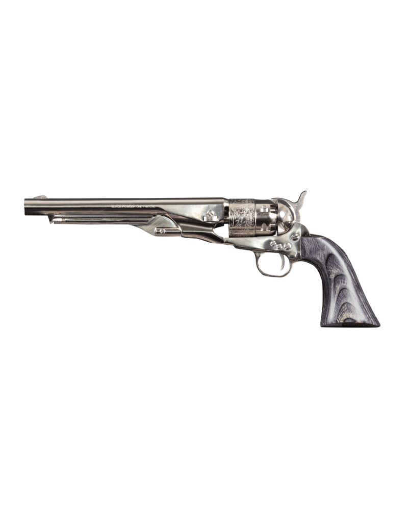 Réplique Pietta 1860 Army acier nickelé gravé calibre .44 poudre noire avec carcasse brillante, canon rond de 8 pouces