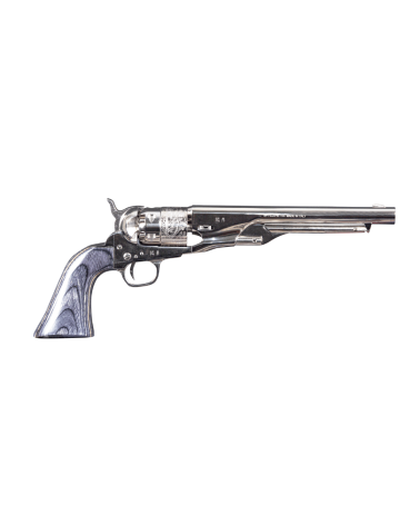 Réplique Pietta 1860 Army acier nickelé gravé calibre .44 poudre noire avec carcasse brillante, canon rond de 8 pouces