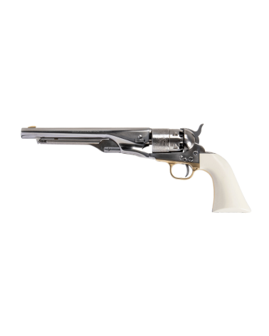Réplique Pietta 1860 Army Old Silver White calibre .44 poudre noire avec finition acier poli, crosse ivoire synthétique