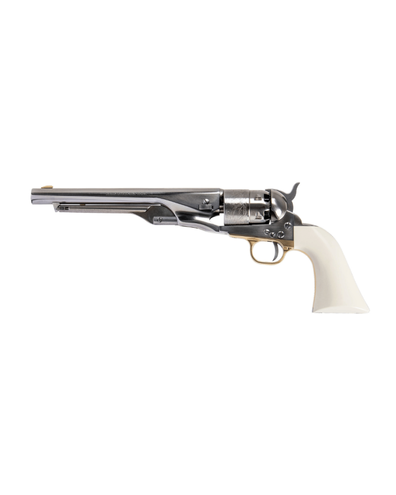Réplique Pietta 1860 Army Old Silver White calibre .44 poudre noire avec finition acier poli, crosse ivoire synthétique