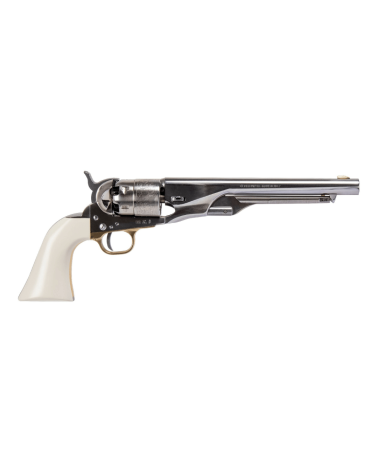 Réplique Pietta 1860 Army Old Silver White calibre .44 poudre noire avec finition acier poli, crosse ivoire synthétique