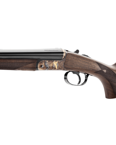 Fusil juxtaposé Renato Baldi calibre 12/76 avec canons de 71 cm, bascule acier jaspée gravée, crosse pistolet en noyer huilé
