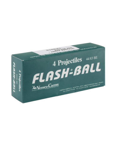 Boîte de 4 cartouches Flash-Ball Verney-Carron calibre 44/83 à projectile en caoutchouc souple pour dispositif compatible.