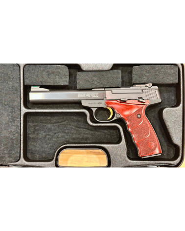 Pistolet Browning Buck Mark Rosewood calibre .22 LR d'occasion, avec finition Rosewood et légère tache esthétique sous le canon.