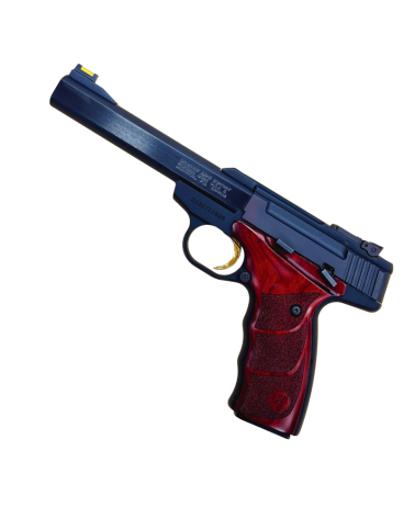 Pistolet Browning Buck Mark Rosewood calibre .22 LR d'occasion, avec finition Rosewood et légère tache esthétique sous le canon.