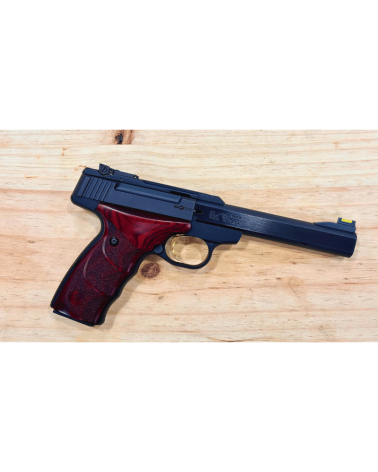 Pistolet Browning Buck Mark Rosewood calibre .22 LR d'occasion, avec finition Rosewood et légère tache esthétique sous le canon.