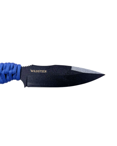 Couteau Wildsteer Talim bleu avec lame noire finition époxy en acier 14C28N, manche en paracorde bleue et étui Kydex P.TAC