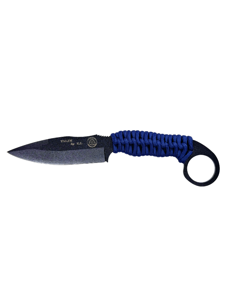 Couteau Wildsteer Talim bleu avec lame noire finition époxy en acier 14C28N, manche en paracorde bleue et étui Kydex P.TAC