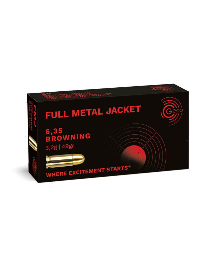 Boîte de 50 cartouches GECO Full Metal Jacket calibre 6,35 Browning, balle blindée 49 grains pour pistolet.