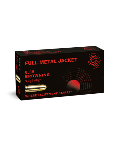 Boîte de 50 cartouches GECO Full Metal Jacket calibre 6,35 Browning, balle blindée 49 grains pour pistolet.