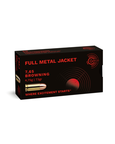 Boîte de 50 cartouches GECO Full Metal Jacket calibre 7,65 Browning, balle blindée 73 grains pour pistolet.