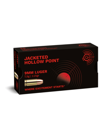 Boîte de 50 cartouches GECO Jacketed Hollow Point calibre 9mm Luger, balle à pointe creuse 115 grains pour pistolet