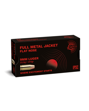 Boîte de 50 cartouches GECO Full Metal Jacket Flat Nose Subsonic calibre 9mm Luger, balle 154 grains pour pistolet.