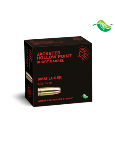 Boîte de 20 cartouches GECO Jacketed Hollow Point Short Barrel calibre 9mm Luger, 124 grains, teneur réduite en plomb.