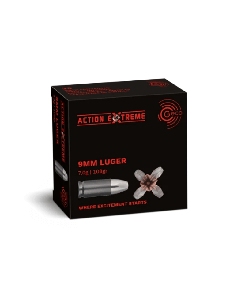 Boîte de 20 cartouches GECO Action Extreme calibre 9mm Luger, ogive monolithique sans plomb 108 grains