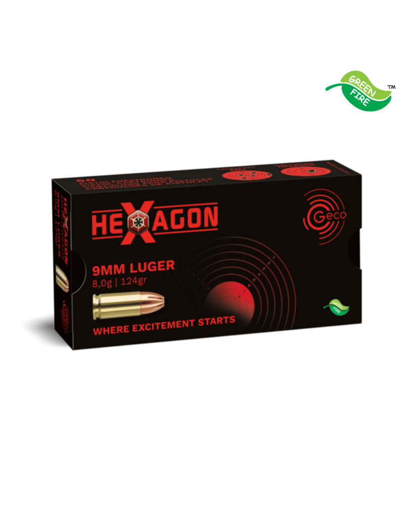 Boîte de 50 cartouches GECO Hexagon calibre 9mm Luger, ogive de précision non expansive 124 grains pour tir cible et match.
