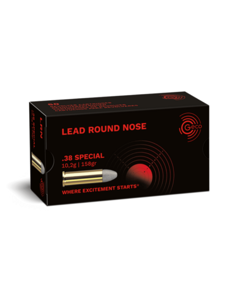 Boîte de 50 cartouches GECO Lead Round Nose calibre .38 Special, ogive plomb classique 158 grains pour revolver.