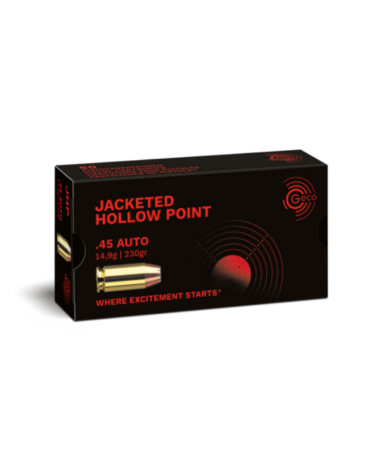 Boîte de 50 cartouches GECO Jacketed Hollow Point calibre .45 Auto, ogive pointe creuse 230 grains, munition de précision.