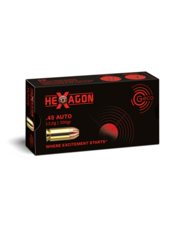 Boîte de 50 cartouches GECO Hexagon calibre .45 Auto, ogive de précision non expansive 200 grains pour tir cible et match.
