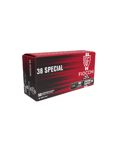 Boîte de 50 cartouches Fiocchi Full Metal Jacket calibre .38 Special, 158 grains, munition entraînement pour revolver.