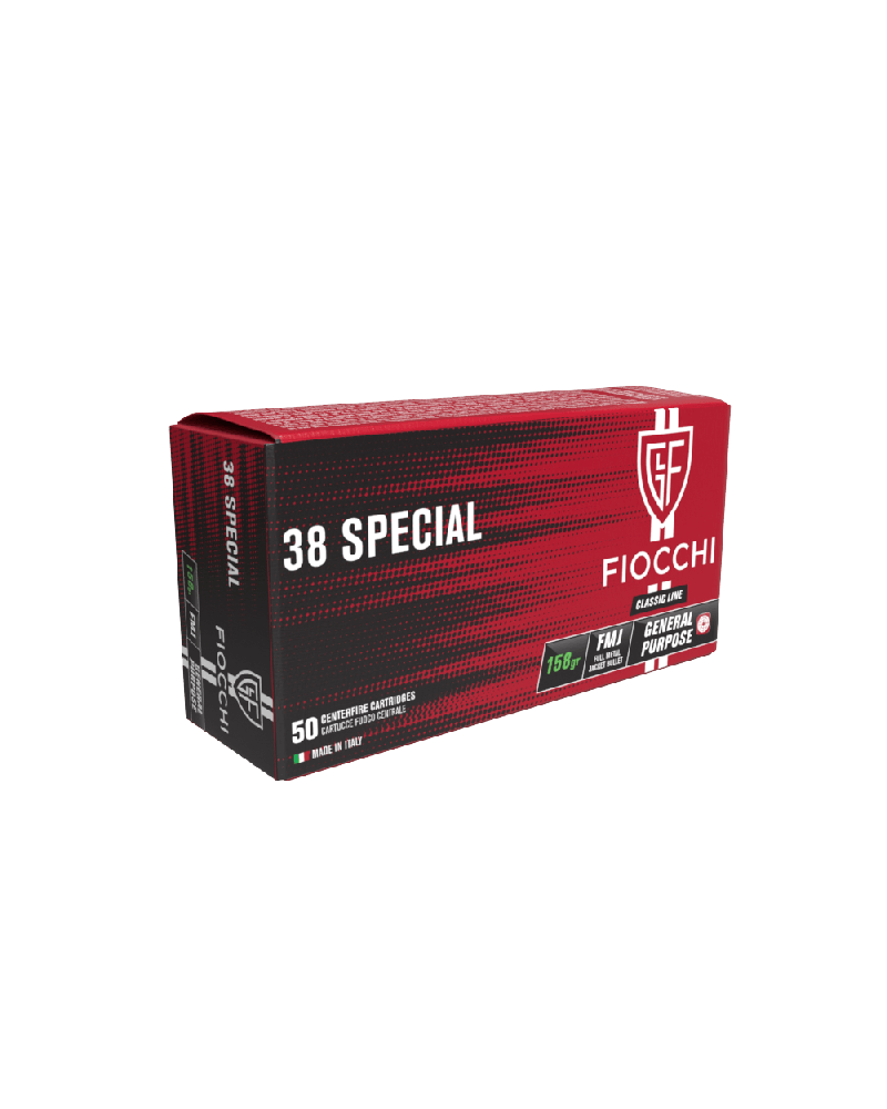 Boîte de 50 cartouches Fiocchi Full Metal Jacket calibre .38 Special, 158 grains, munition entraînement pour revolver.