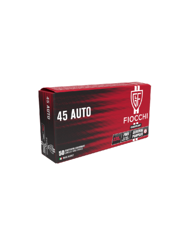 Boîte de 50 cartouches Fiocchi Full Metal Jacket calibre .45 Auto (ACP), 230 grains, munition entraînement pour pistolet.