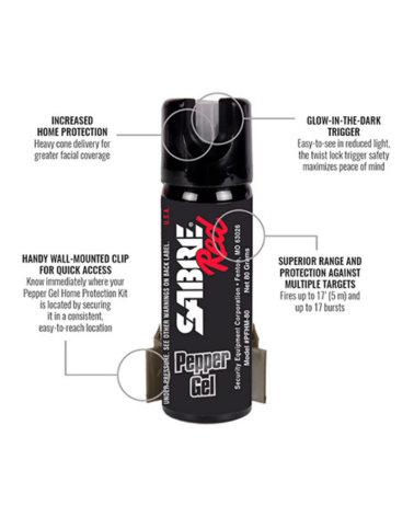 Bombe SABRE Red Home Defense Gel OC 74ml avec support mural, sécurité rotative phosphorescente et marquage