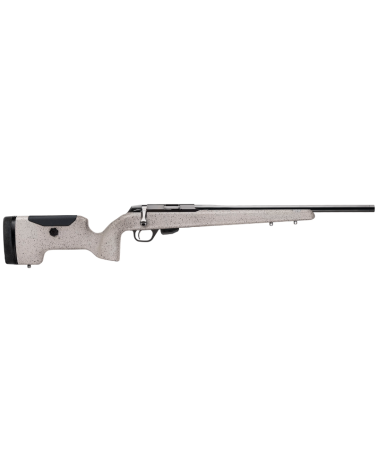 Carabine Tikka T1x UPR calibre .17 HMR avec canon 20 pouces fileté, crosse fibre de verre Desert Sand et appui-joue réglable.