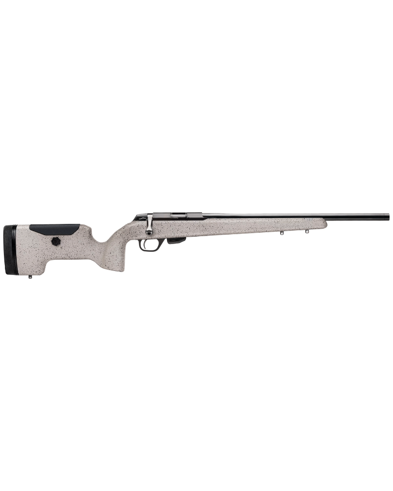 Carabine Tikka T1x UPR calibre .17 HMR avec canon 20 pouces fileté, crosse fibre de verre Desert Sand et appui-joue réglable.