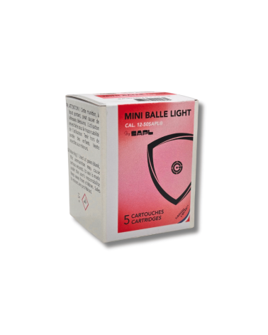 Boîte de 5 cartouches Light Gomm-Cogne® SAPL calibre 12/50, munition non létale à balle caoutchouc unique.