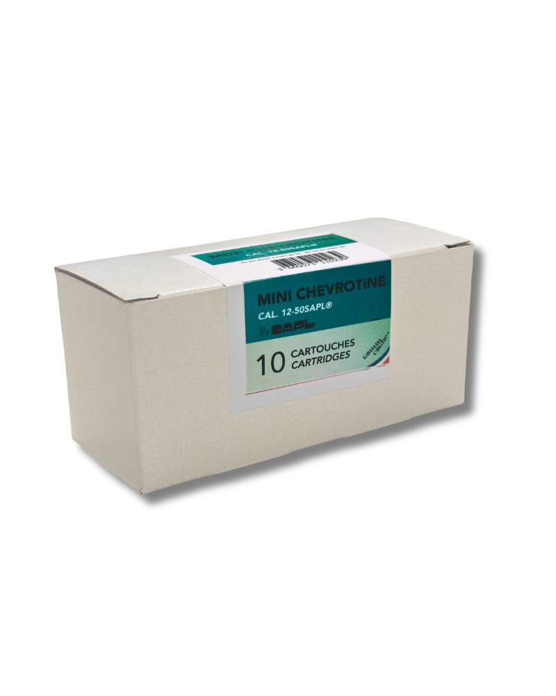 Boîte de 10 cartouches Gomm-Cogne® Chevrotine SAPL calibre 12/50, munition non létale à 12 billes caoutchouc.