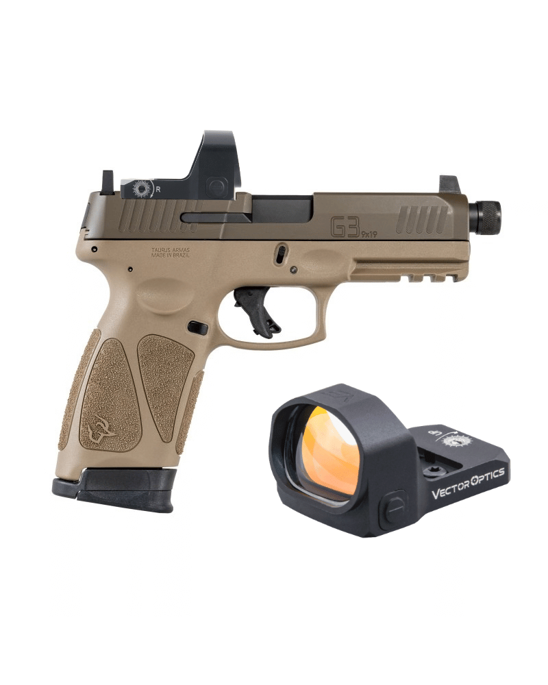 Pack pistolet G3 Tactical FDE calibre 9x19 avec point rouge Frenzy 1x20x28 3MOA, revêtement Cerakote Patriot Brown.