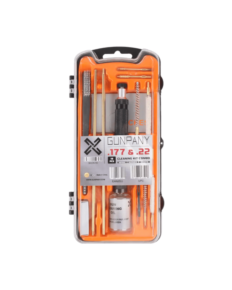 Kit de nettoyage Vector Optics 19 pièces pour carabines à air comprimé .177 et .22, tiges bronze et mallette rigide ABS.