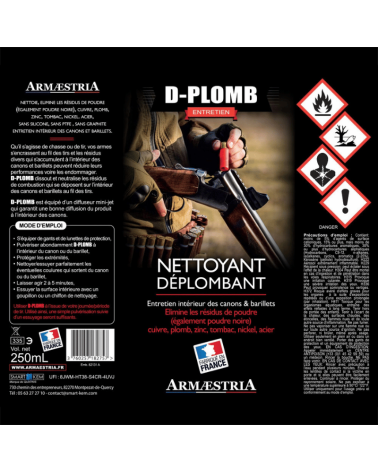 Aérosol déplombant D-PLOMB Armaestria pour nettoyer l'intérieur des canons et barillets, sans silicone ni PTFE.