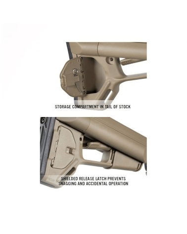 Crosse Magpul ACS Mil-Spec noire pour AR-15/M4 avec tubes de stockage étanches pour piles.
