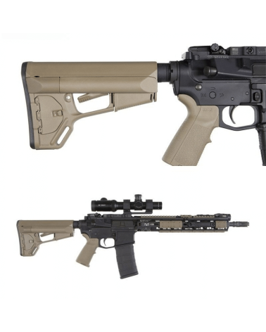 Crosse Magpul ACS Mil-Spec noire pour AR-15/M4 avec tubes de stockage étanches pour piles.