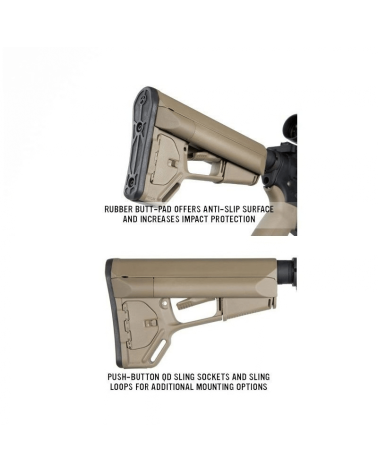 Crosse Magpul ACS Mil-Spec noire pour AR-15/M4 avec tubes de stockage étanches pour piles.
