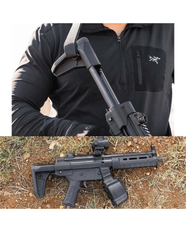 Crosse Magpul SL noire pliable pour HK94/MP5/SP5 avec butt-pad amovible et montage QD intégré.